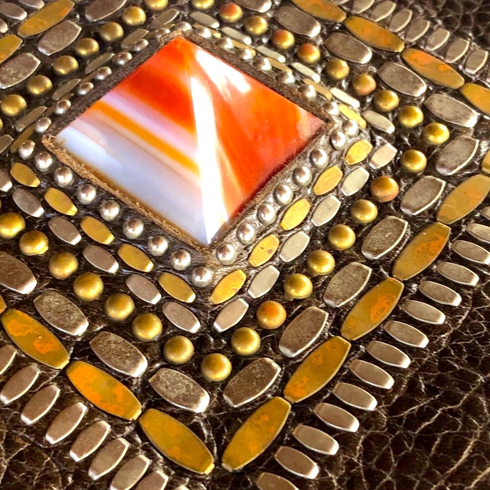 Calleen Cordero Joyti Metallic Khaki Messenger Bag with Carnelian Stone Studs - Picture 4 of 15